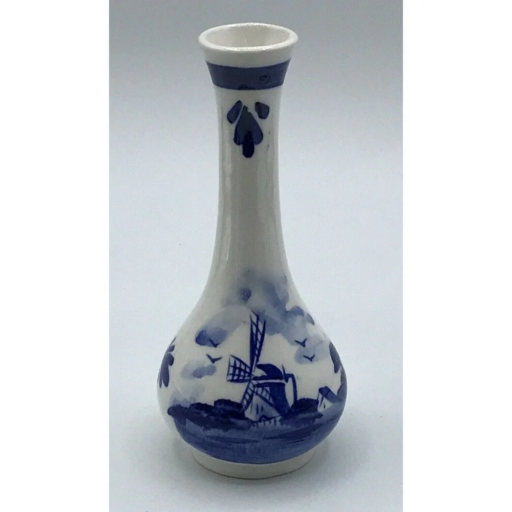 Elesva Holland Blue/White Porcelain Windmill Floral‎ Reverse Vase 5 1/2